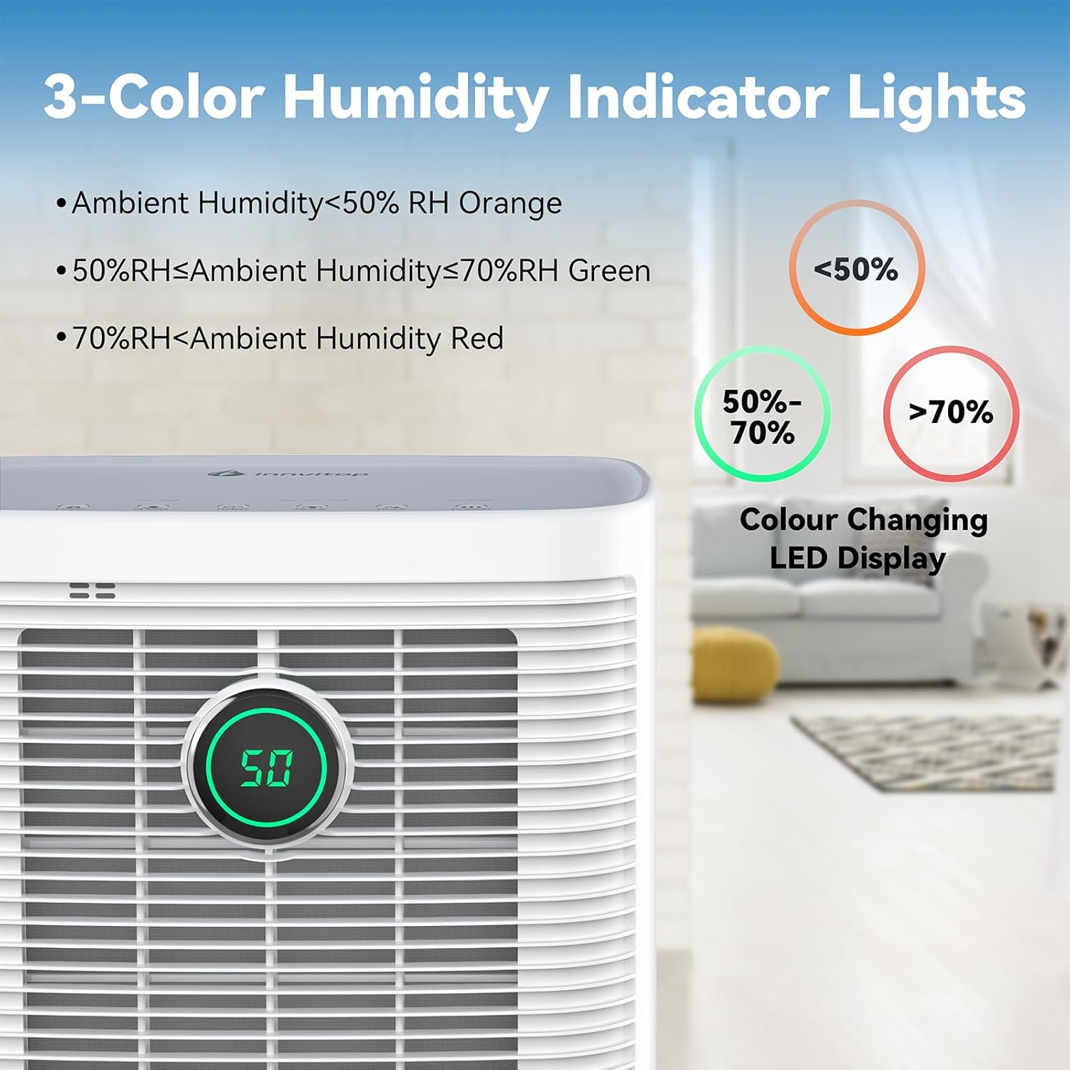 Innvitop Déshumidificateur pour sous-sol avec tuyau d'évacuation pour la maison, grande pièce, chambre, contrôle et surveillance intelligents de l'humidité, 3 modes de fonctionnement