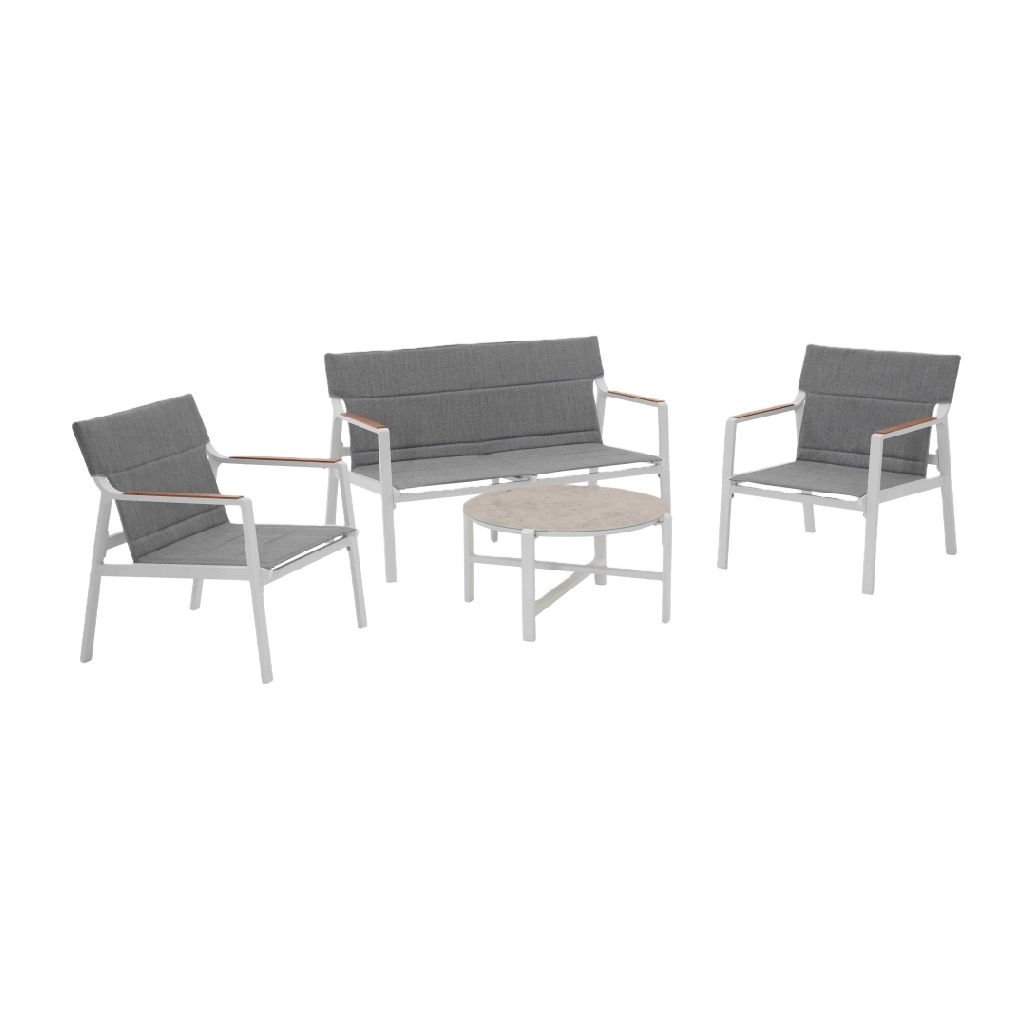 Salon de jardin 4 pièces en aluminium blanc avec coussins gris, canapé + 2 fauteuils + table basse ronde