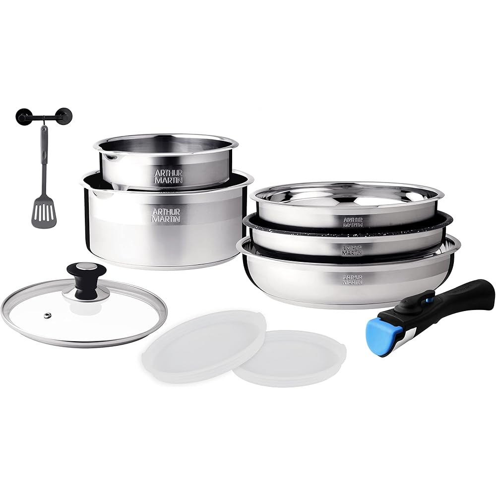 Arthur Martin AM0025 Batterie de cuisine amovible 10 pièces Acier Inoxydable Casserole avec bec verseur Poignée amovible tous feux dont induction : Cuisine et Maison