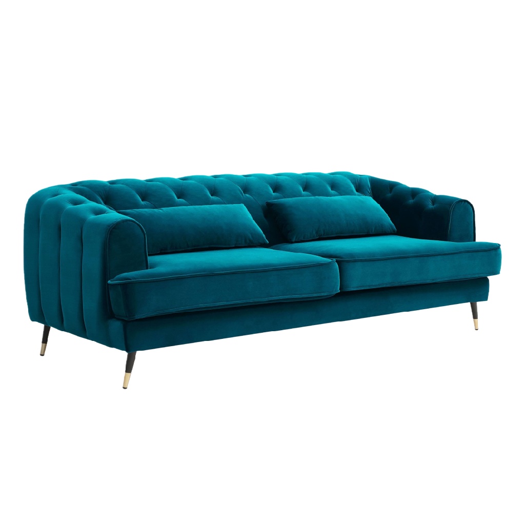 Canapé 3 places en velours vert émeraude – style Chesterfield moderne – piètement doré – confort haut de gamme