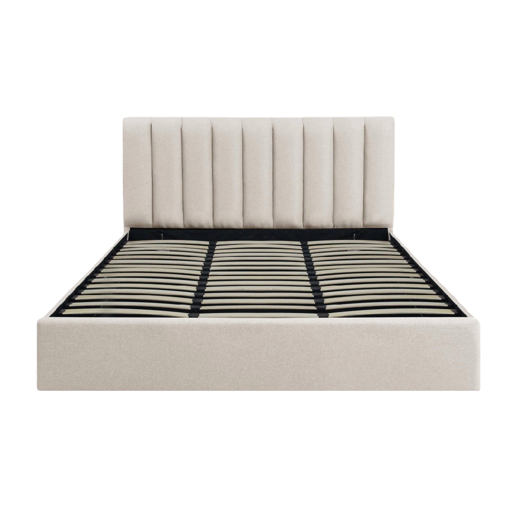 Lit rembourré beige — Tête de lit à coutures verticales