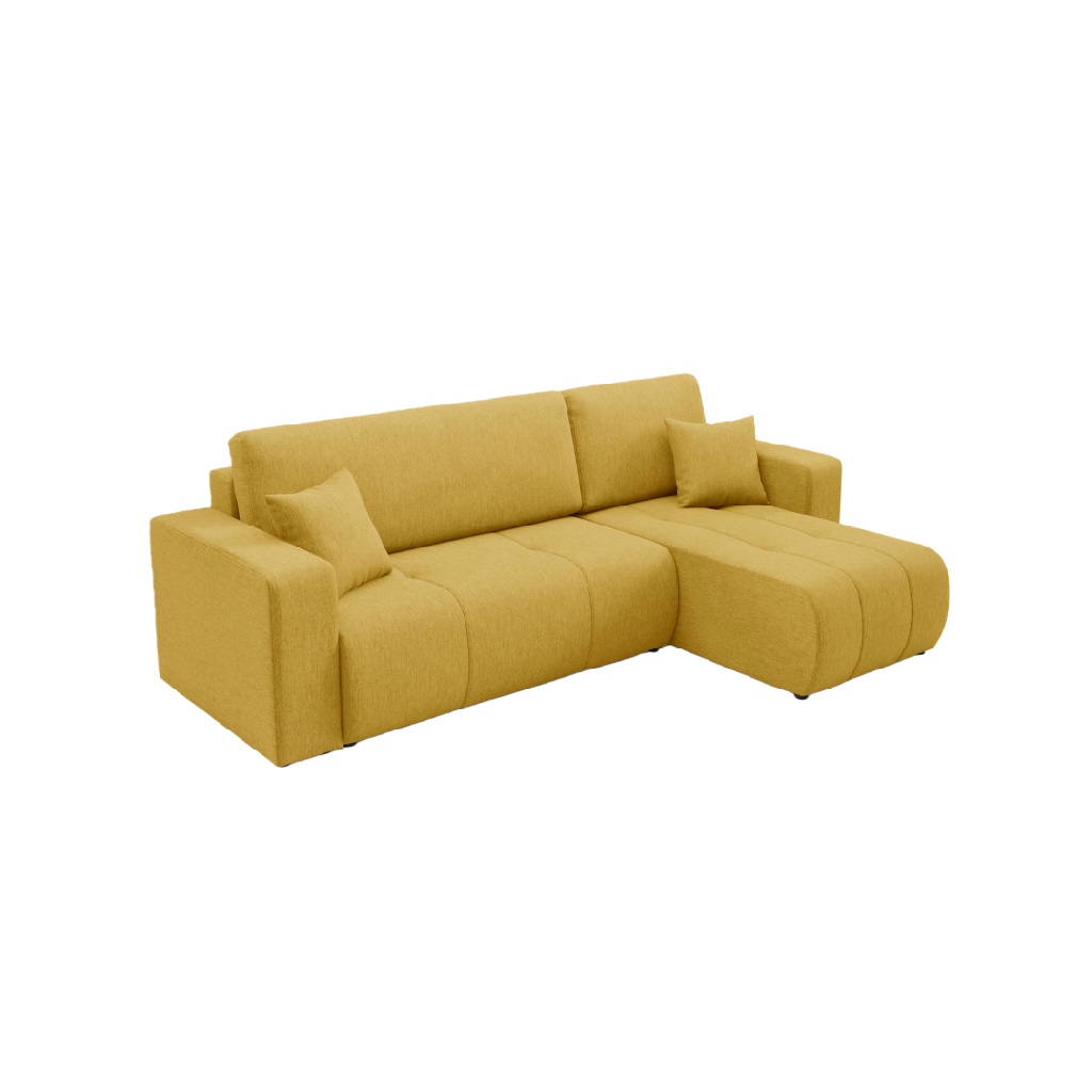 Canapé d’angle droit en tissu jaune moutarde – style contemporain et confortable – coussins inclus