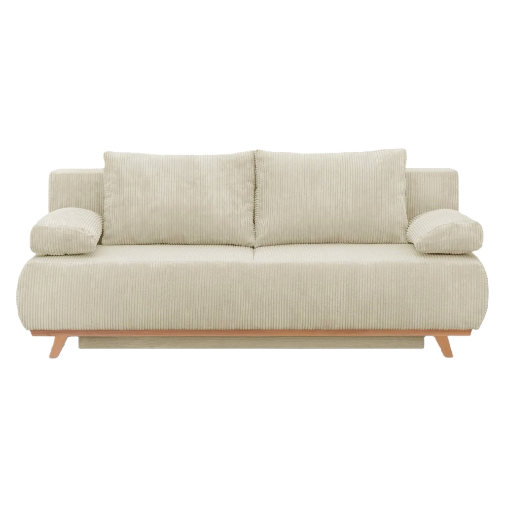 Canapé 3 places en tissu côtelé beige clair avec base bois