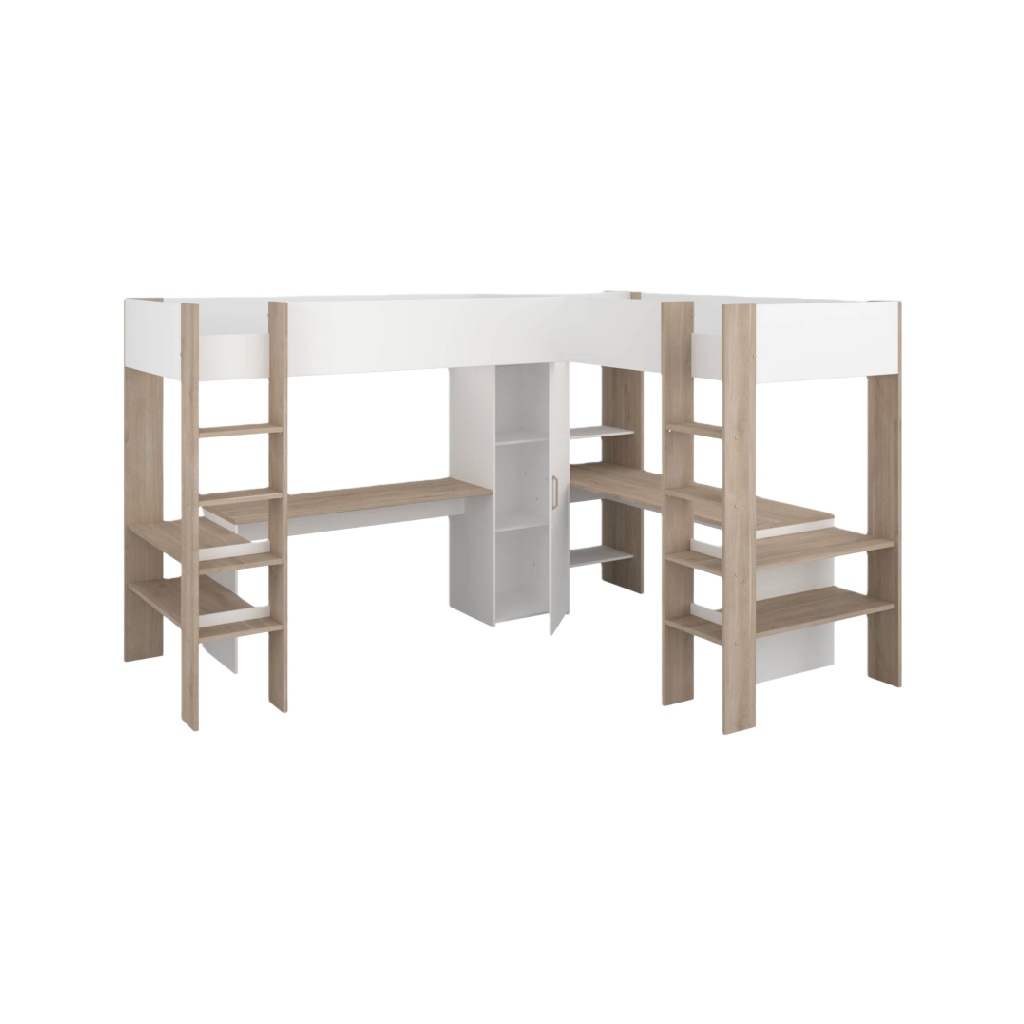 Lit mezzanine en L avec rangements et bureau — Bois clair et blanc — Chambre d’enfant fonctionnelle