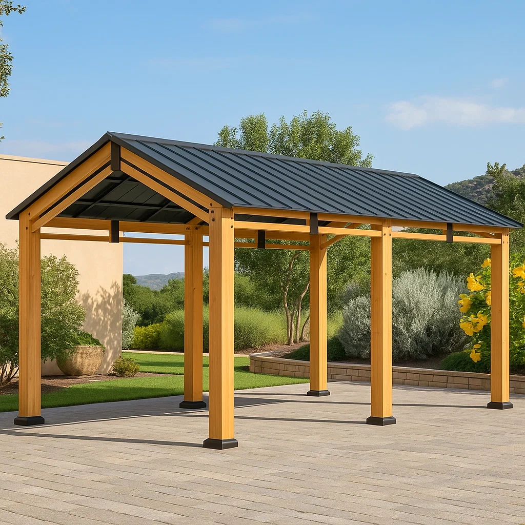 Abri pour voiture 603 x 335 x 290 cm marron/noir bois avec toit en métal