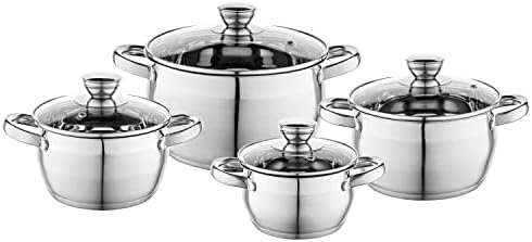 FLORINA Ensemble de Casseroles OLIVER | Set 4 pièces | Acier inox 18/0 | Couvercles en verre trempé | Pour induction, gaz, électrique, céramique | Lave vaisselle | Ensemble pratique et élégant : Cuisine et Maison