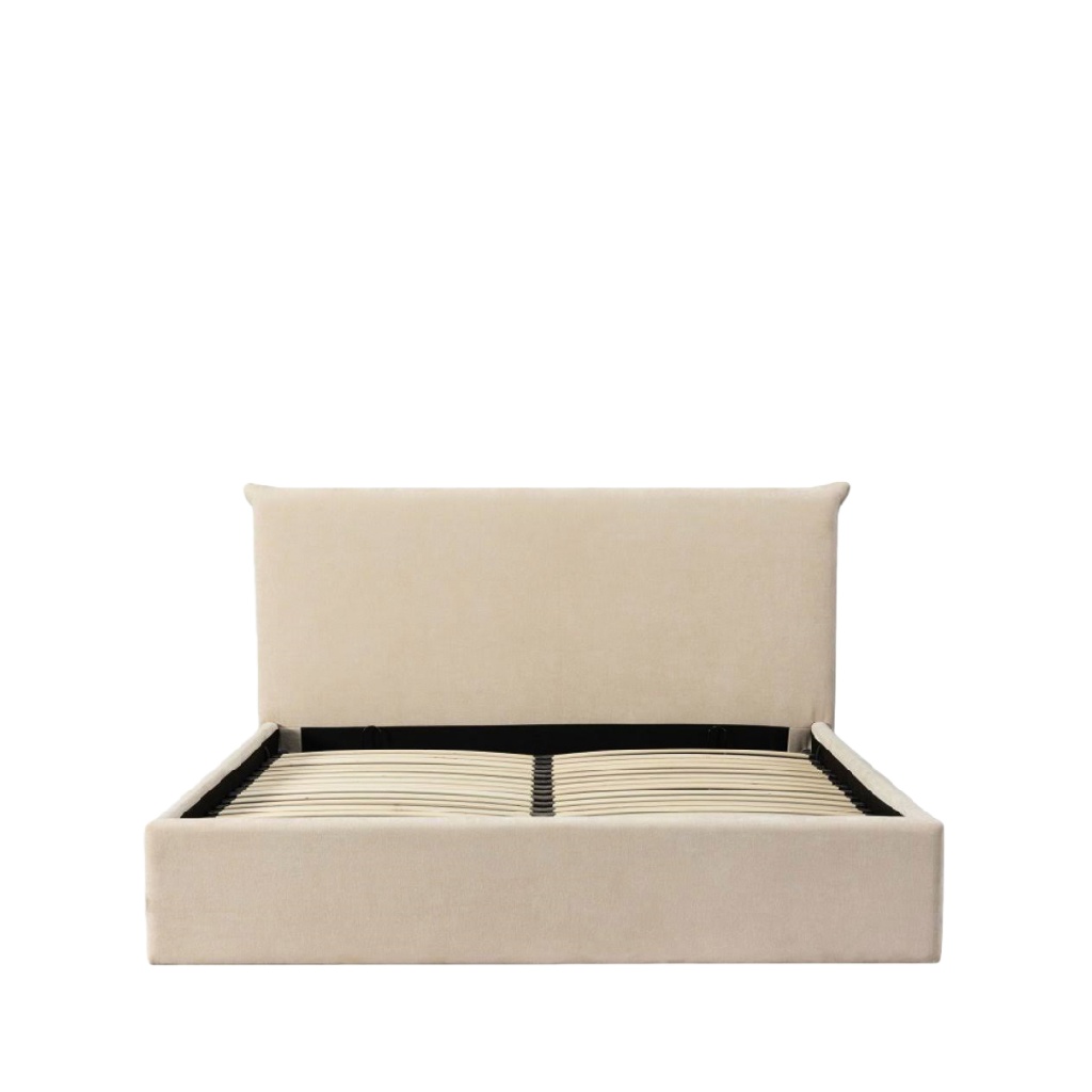 Lit double en tissu beige avec tête de lit rembourrée — Style minimaliste