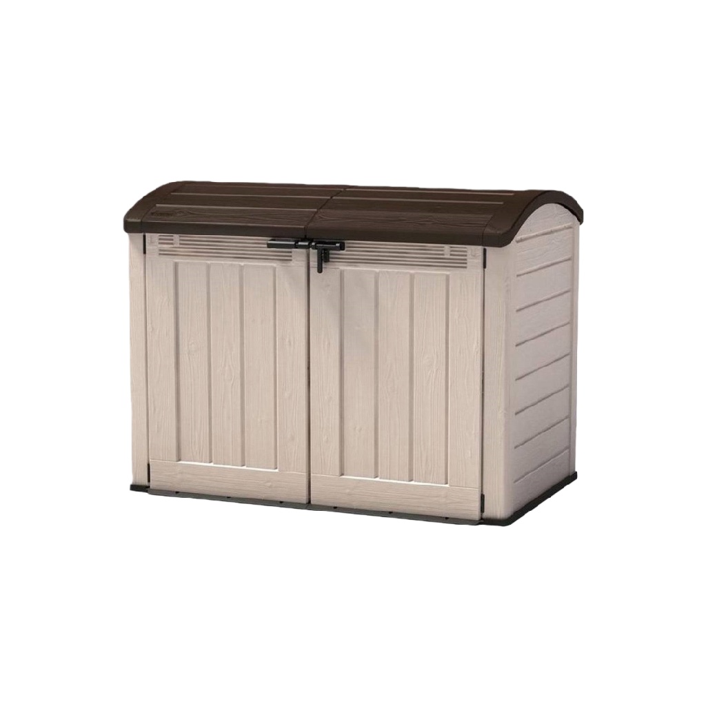 Coffre de rangement extérieur en résine imitation bois 120×80×90 cm – abri pour poubelles ou outils de jardin – double ouverture