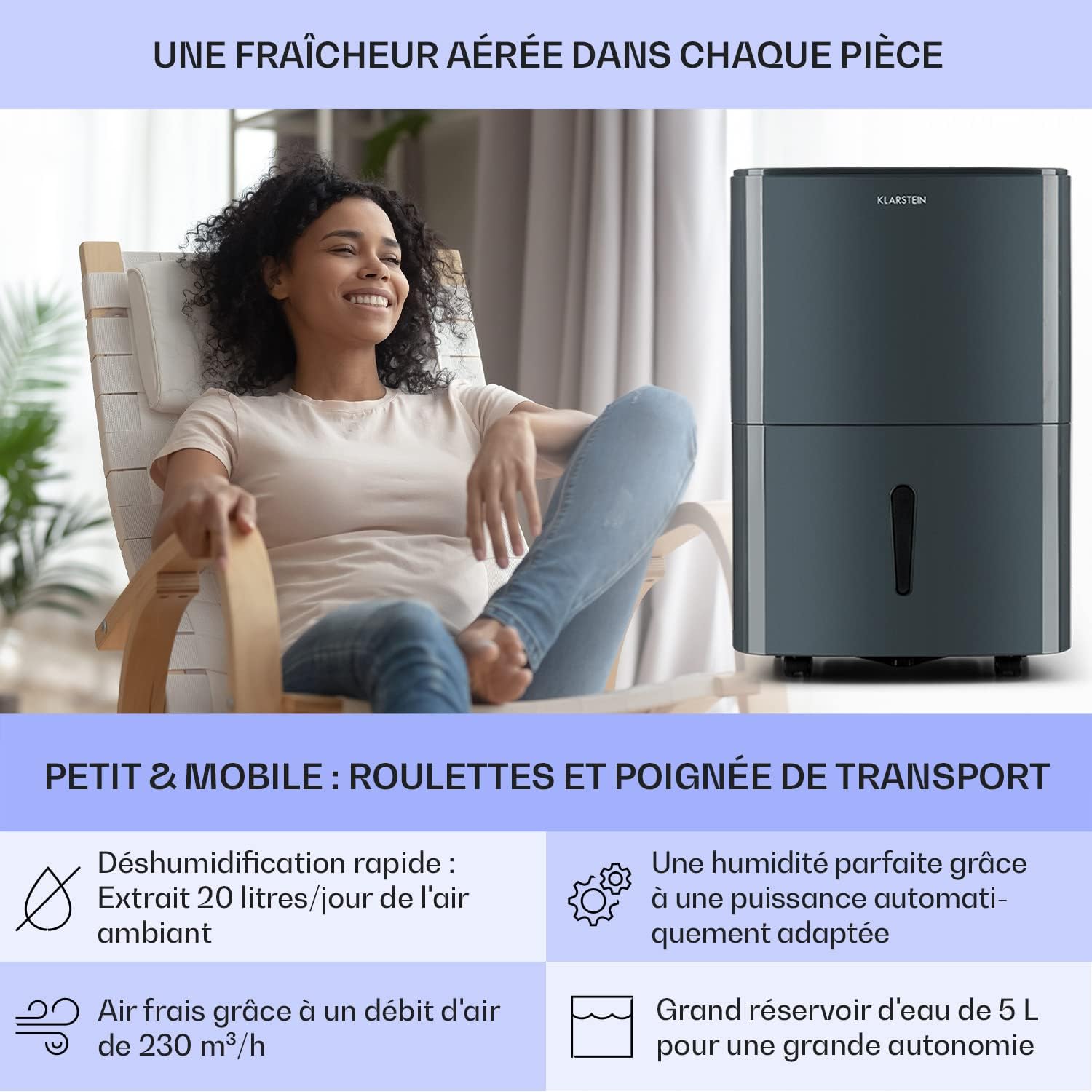 Klarstein Deshumidificateur d Air et Purificateur d'Air, Déshumidificateurs, Anti Humidité, Absorbeur d'Humidité et Séchage Vêtements, Desumidicateur d Air Electrique, Déshumidificateur Salle de Bain