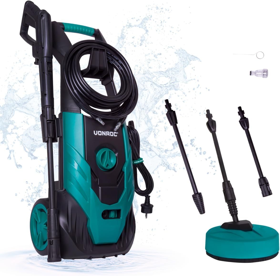 VONROC Profi Hochdruckreiniger 195bar - Fassadenreiniger für schwere Reinigungsarbeiten [2500W] - Hoher Durchfluss [468 l/h] Reinigungstank, Aluminium Pumpe - inkl. Terassenreiniger
