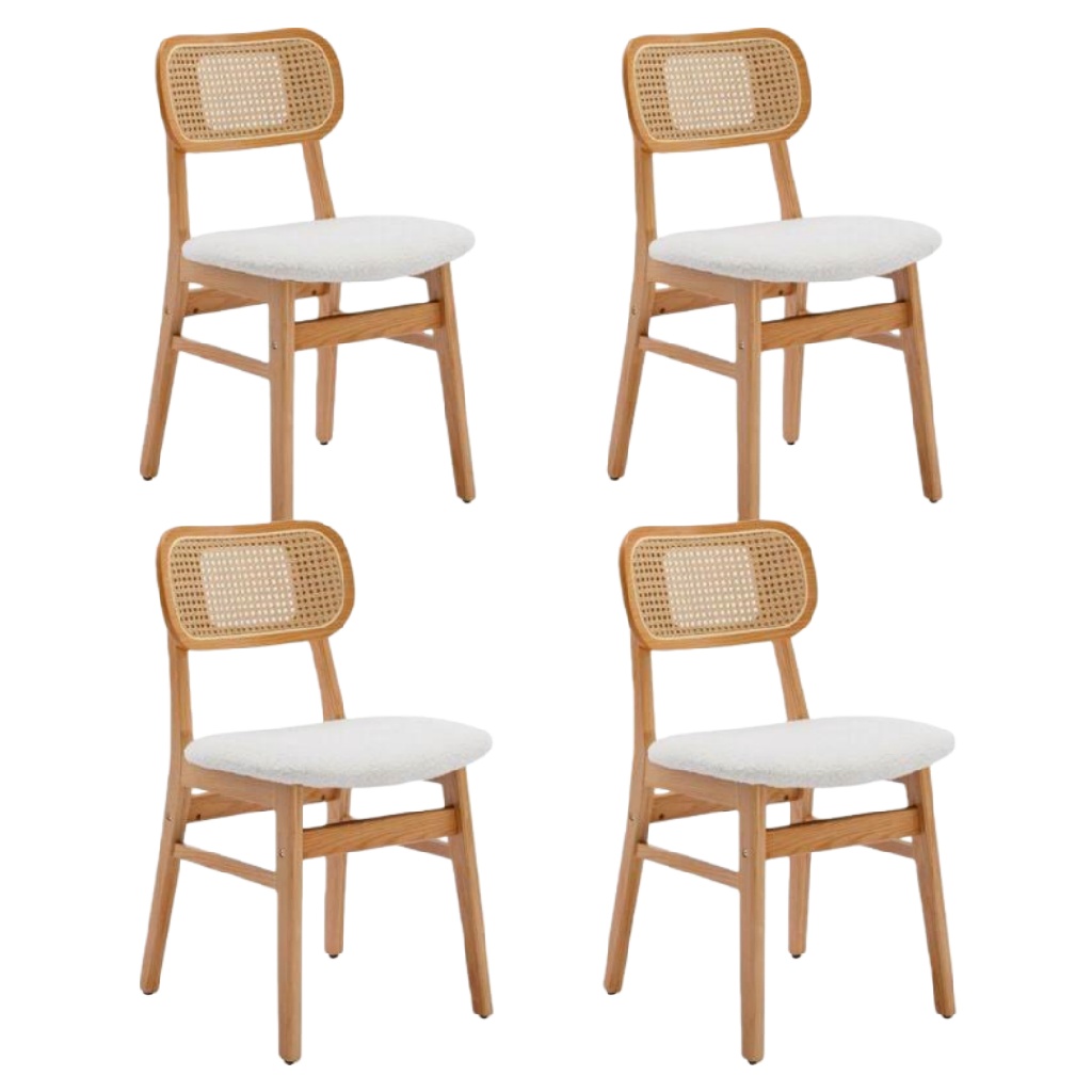 Lot de 4 chaises de salle à manger en bois et dossier cannage, assise tissu beige
