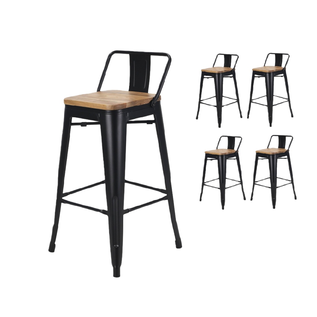 Lot de 4 tabourets de bar industriels métal noir et assise bois