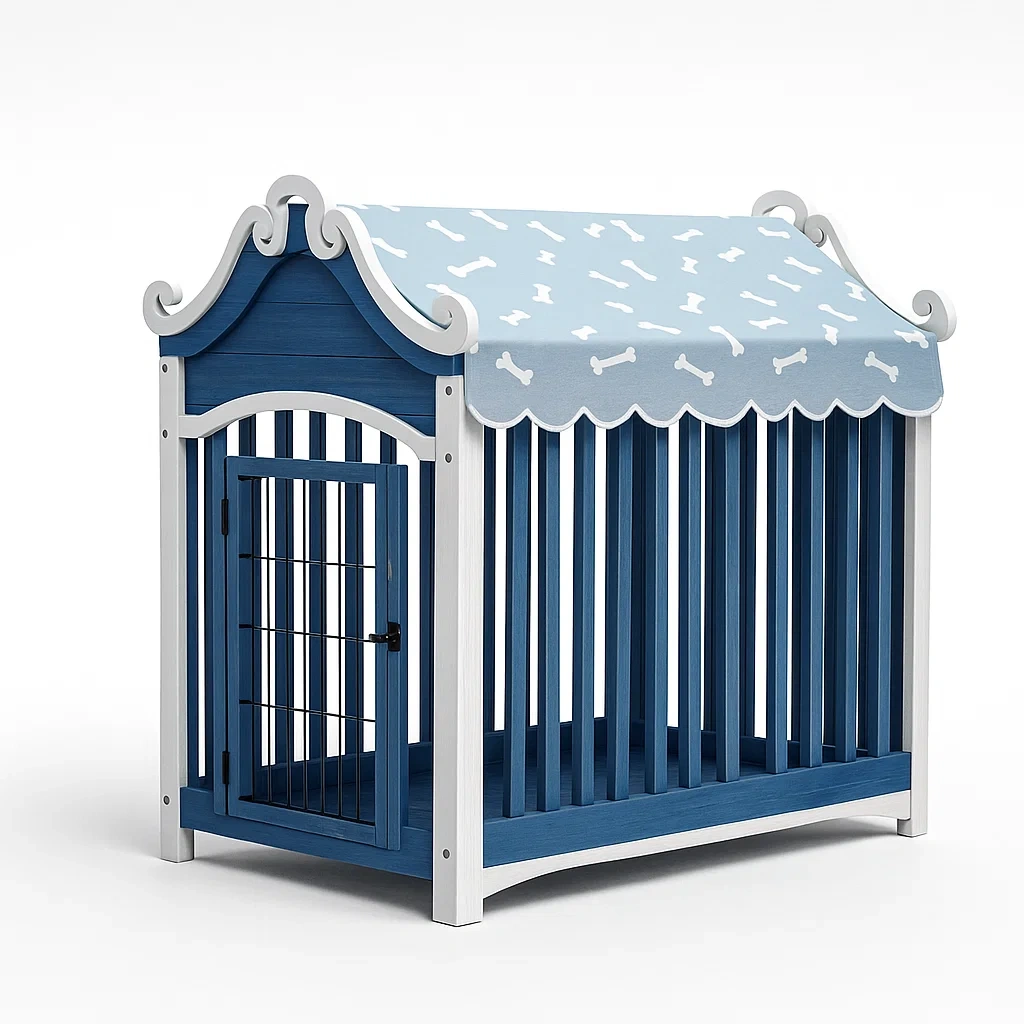 Parc pour animaux forme baroque en bois bleu et blanc avec toit en tissu