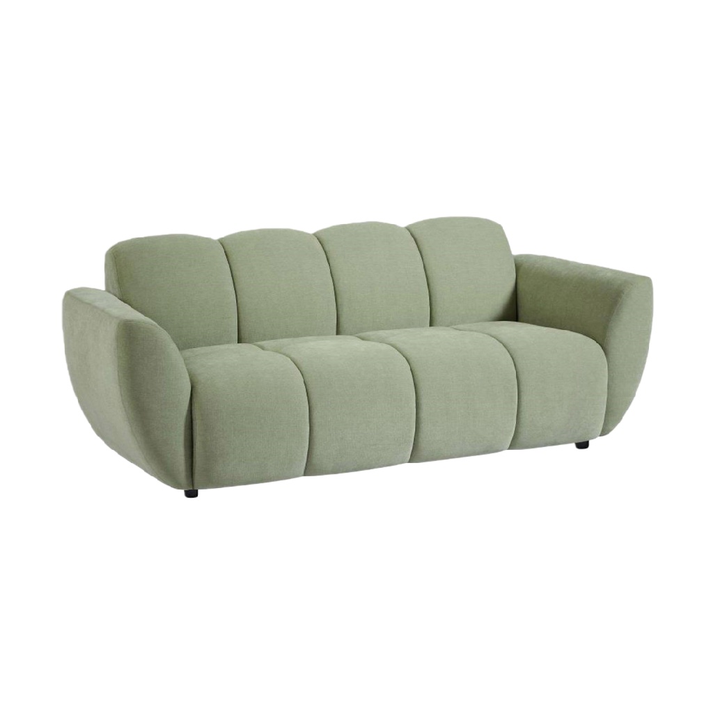 Canapé 3 places en tissu vert sauge – design arrondi contemporain