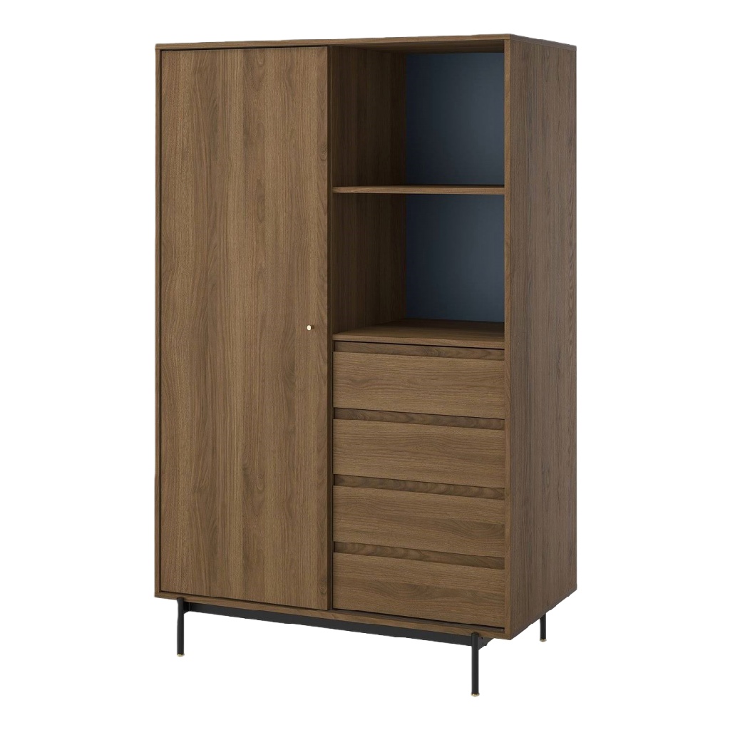 Armoire contemporaine en noyer avec porte et tiroirs – structure métal noir – design moderne