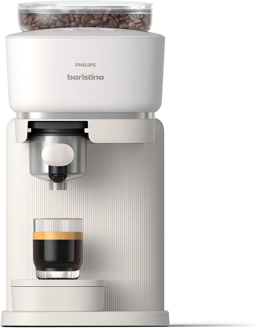 Philips Baristina Espressomaschine - Real Espresso- made simple. Kompakte Kaffeemaschine- Naturweiß mit weißem Siebträger- 16-bar-Pumpendruck- automatisches Mahlwerk- Cafe Crema (BAR300/00)