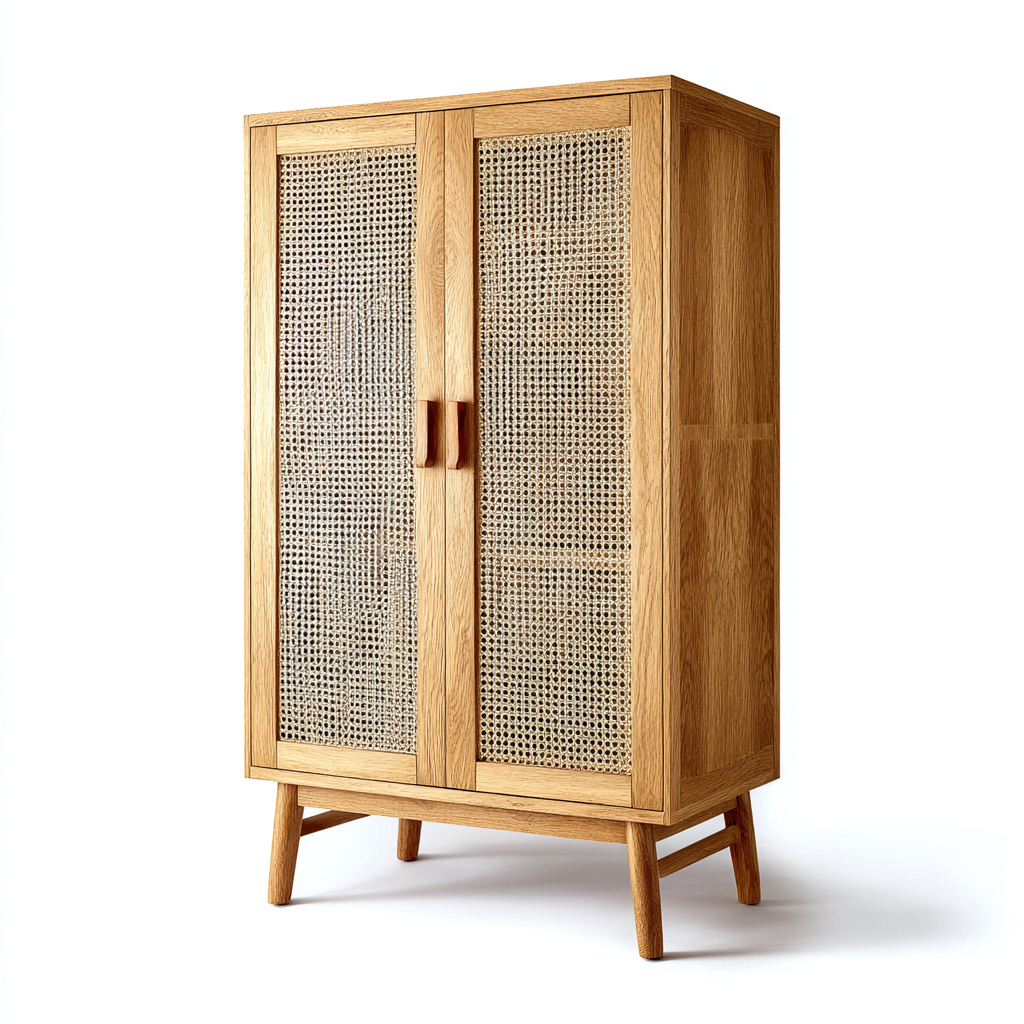 Armoire haute en bois avec portes en cannage naturel