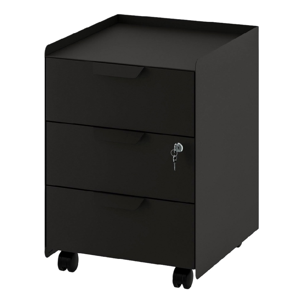 Caisson mobile 3 tiroirs avec serrure – meuble de bureau sur roulettes, noir mat