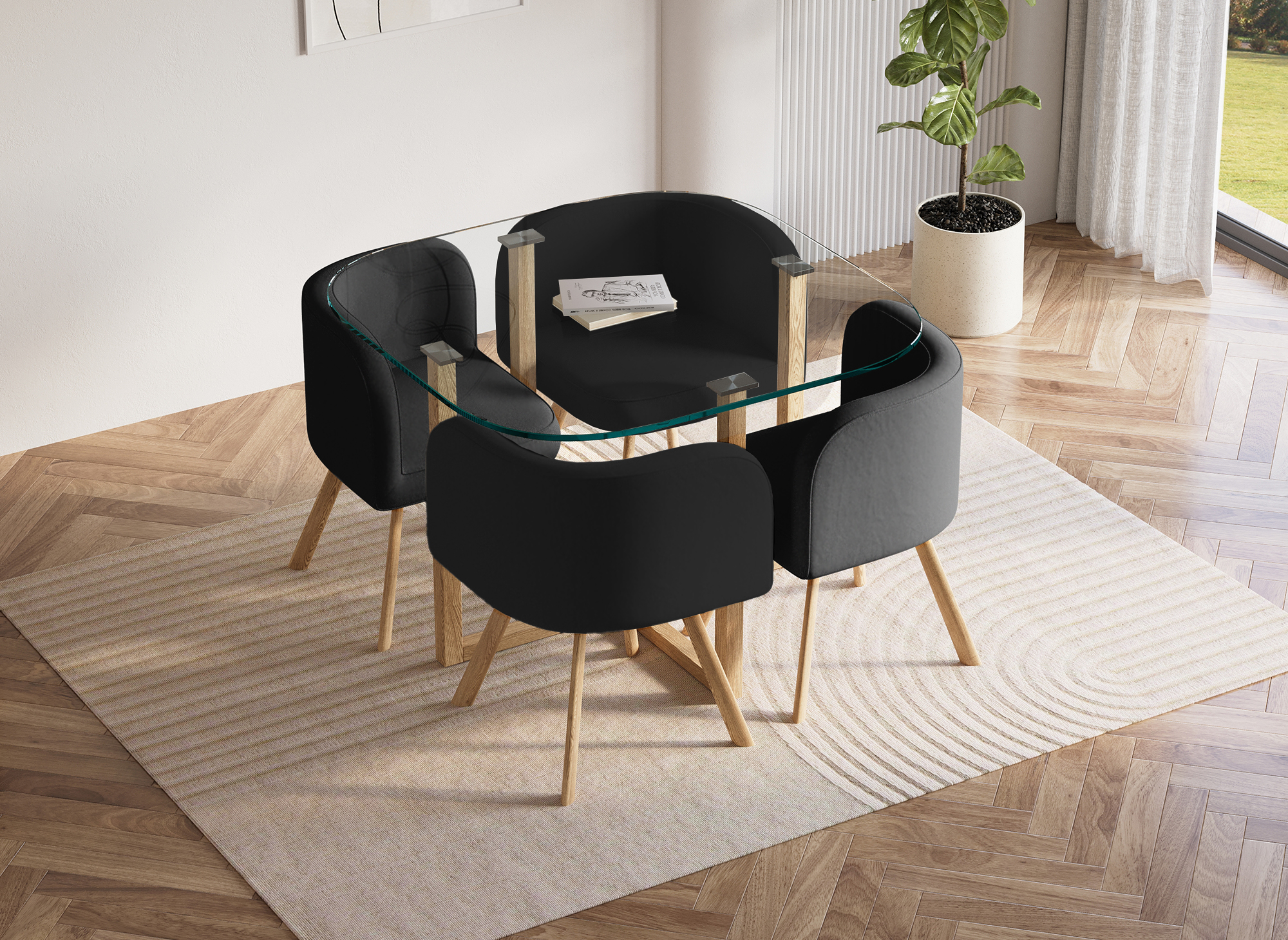 FLEN Ensemble table + 4 chaises encastrables noires FLEN