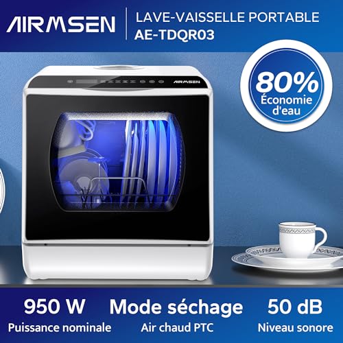 AIRMSEN Mini Lave-Vaisselle de Comptoir, 5+1 Programmes, Réservoir d'Eau de 5L, Contrôle Tactile et Écran LED, Adapté pour les Cuisines Familiales, Ap