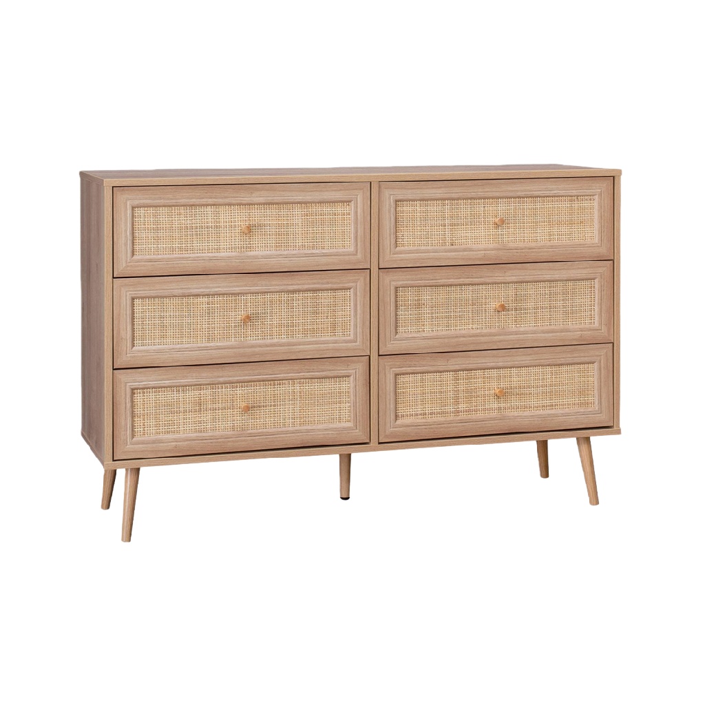 Commode 6 tiroirs en bois avec façade en cannage naturel – style bohème chic