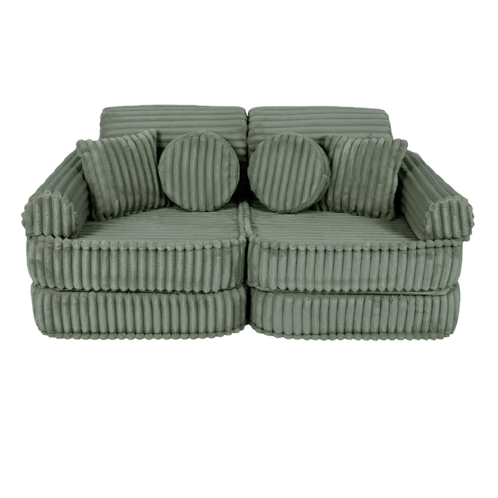 Canapé modulable 2 places en velours côtelé vert sauge – design contemporain, confort moelleux avec coussins inclus – idéal pour petits espaces