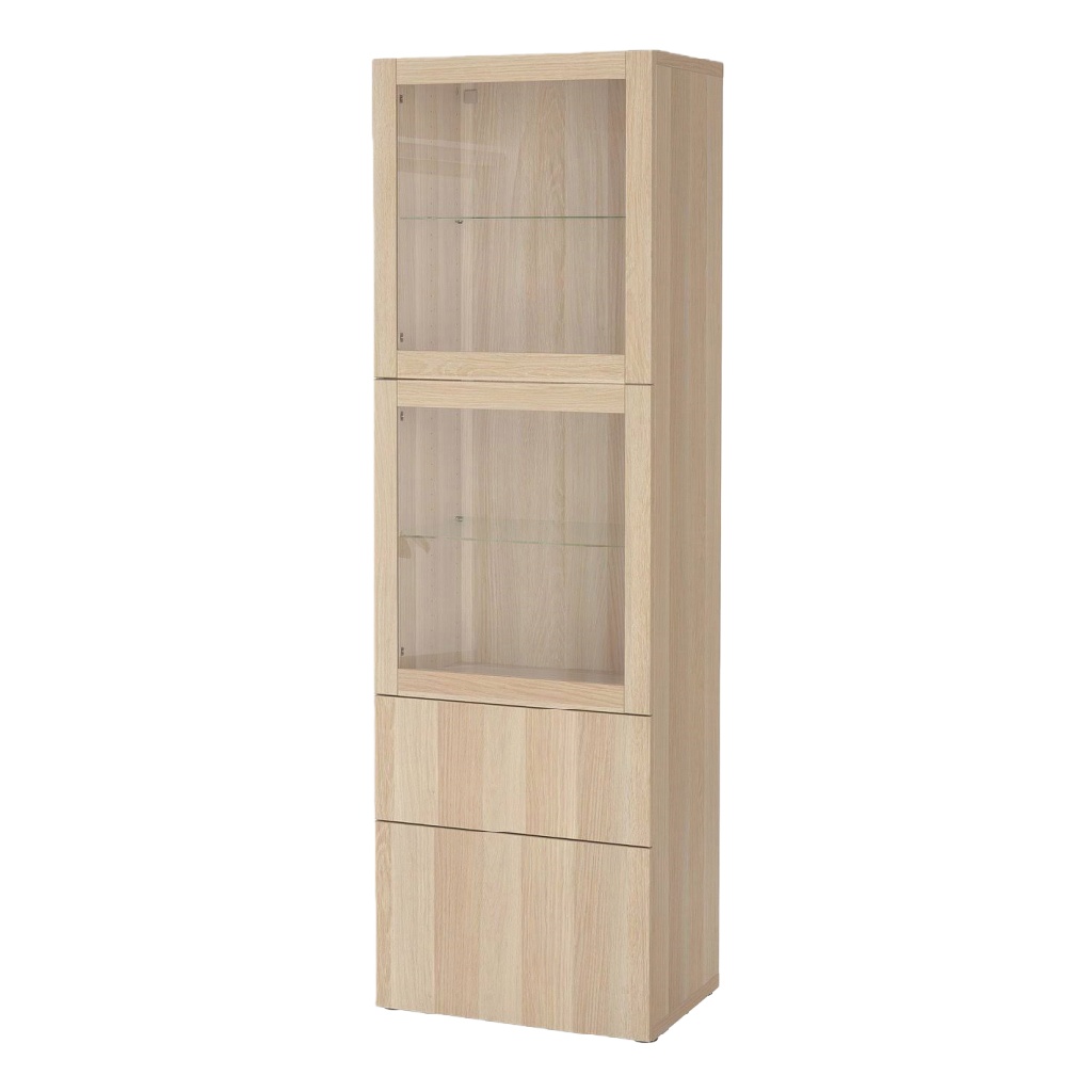 Vitrine moderne en bois chêne clair avec portes vitrées — 2 tiroirs de rangement — design contemporain