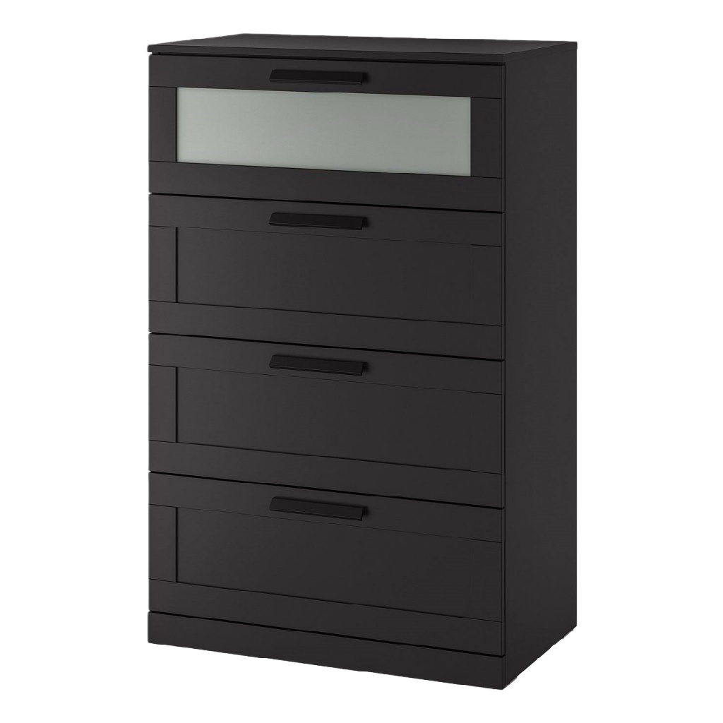 Commode haute 4 tiroirs en bois noir avec façade vitrée – 40×120×40 cm, garantie 2 ans