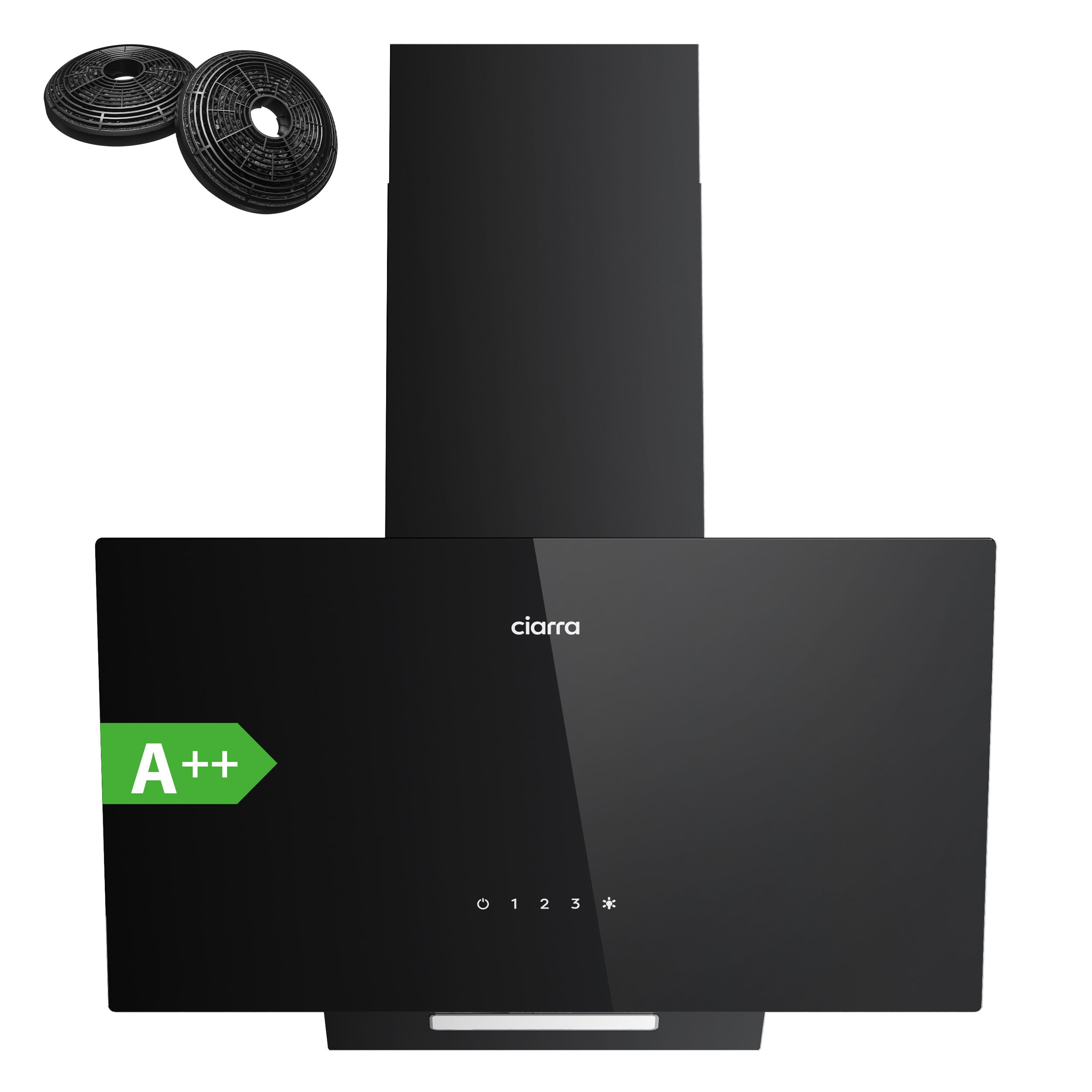 Ciarra CBCB6750C Classe A++ Hotte Murale Inclinée 60 cm 350 m³/h - 3 Vitesses - Mode Recyclage ou Evacuation - Filtre Charbon CBCF002 Inclus - Contrôl