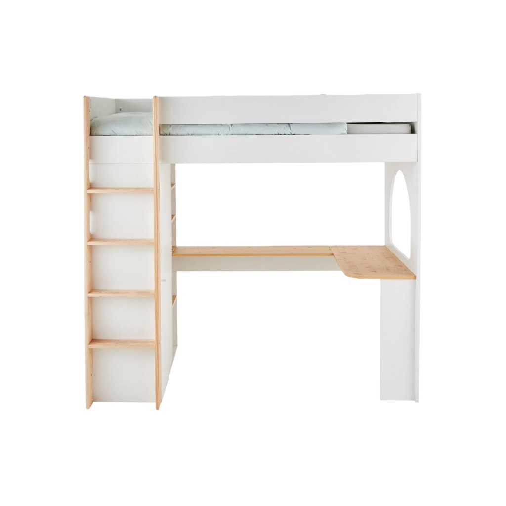 Lit mezzanine avec bureau intégré — Bois naturel et blanc — Espace gain de place