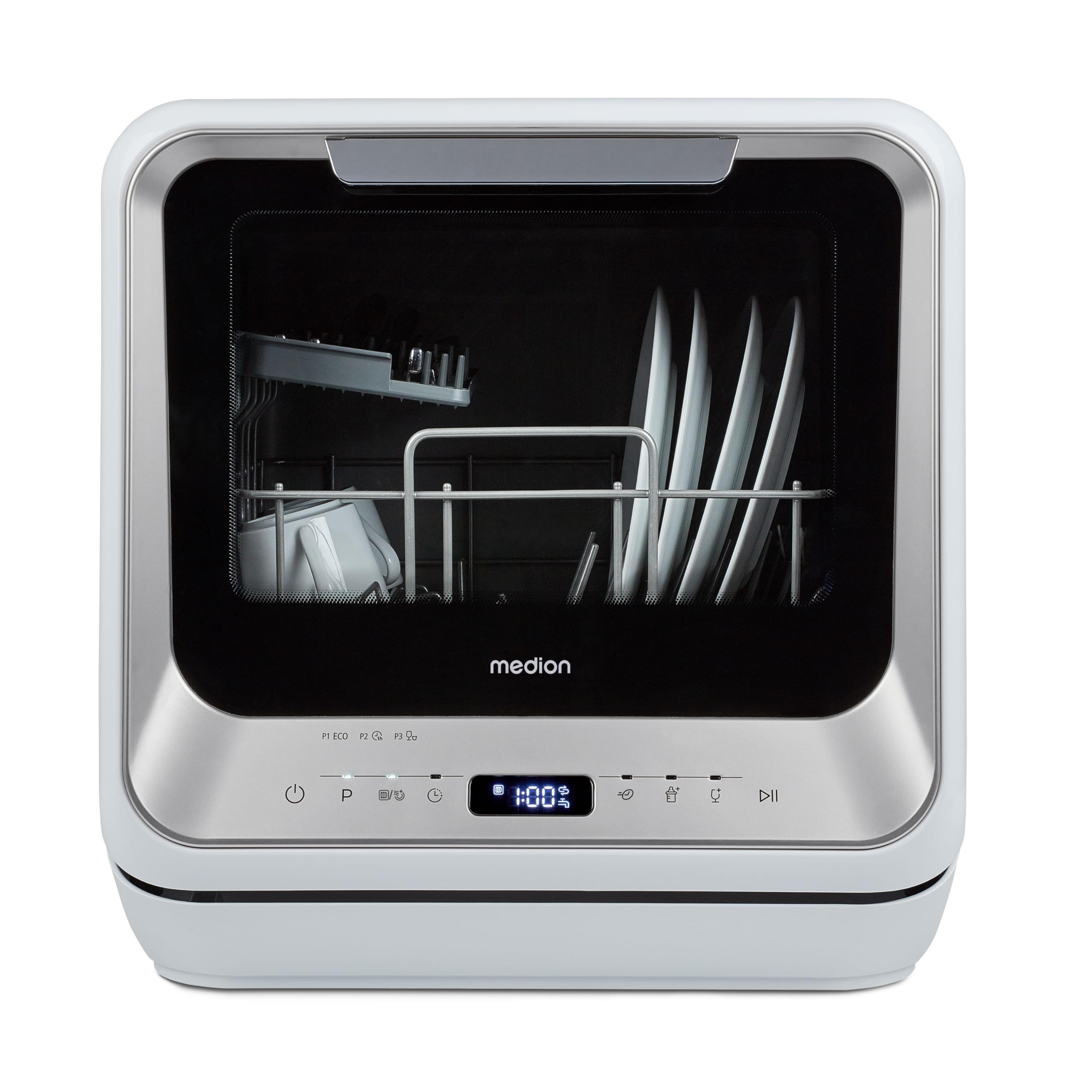 MEDION Mini lave-vaisselle DWT20 (lave-vaisselle de table, lave-vaisselle, 2 couverts, fonctionne avec/sans raccordement à l'eau, 6 programmes de nett