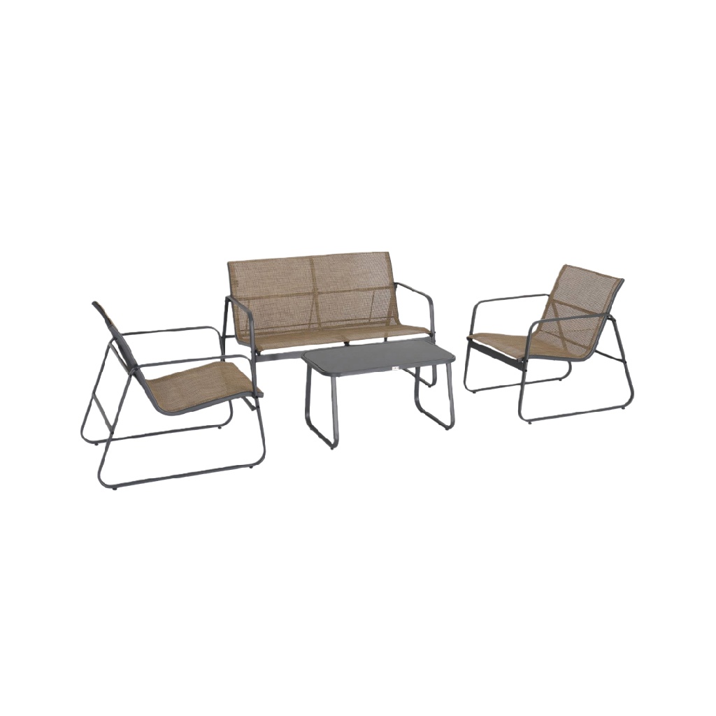Salon de jardin 3 pièces en métal et textilène beige – Canapé, fauteuils et table basse
