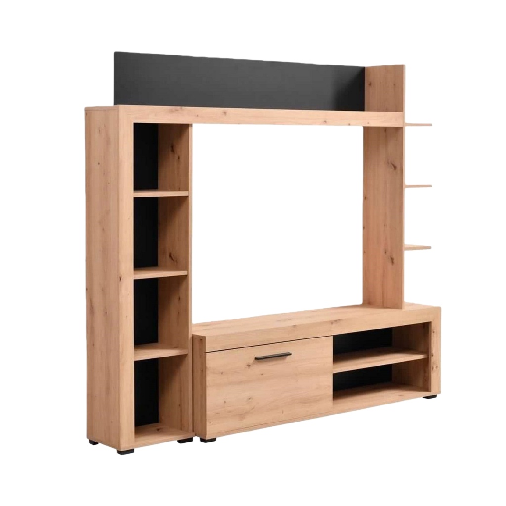 Meuble TV mural avec étagères en chêne clair et noir