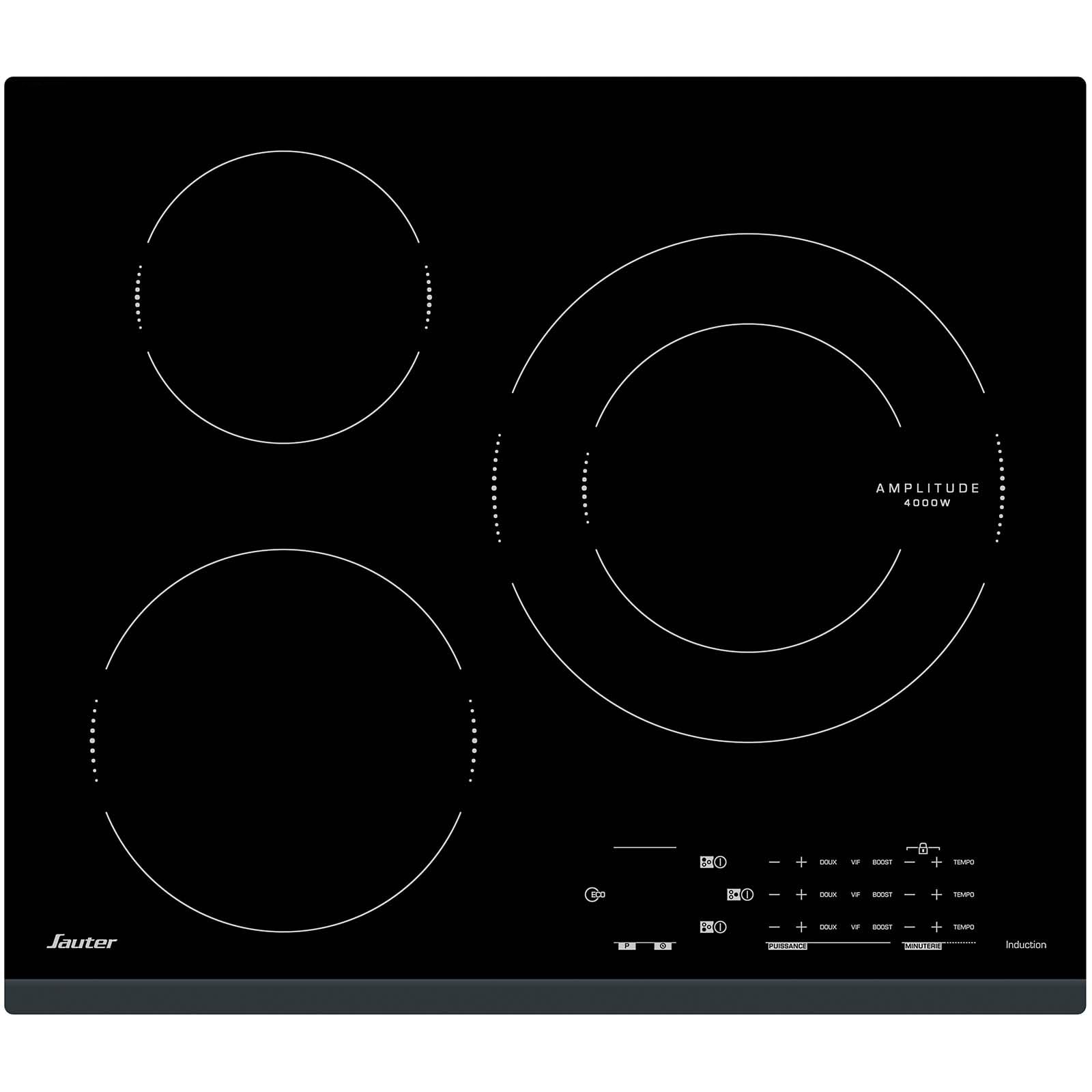 Sauter - SPI4360B - Plaque Induction - Table de Cuisson Encastrable - Noir - 3 Foyers - 7200W - Dimensions Encastrement : 56x49cm - Grand Foyer 28 cm