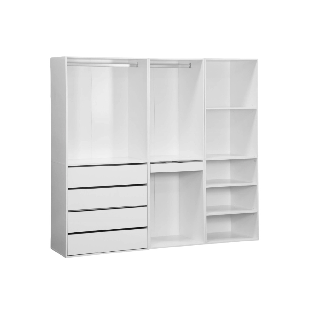 Grand dressing ouvert blanc modulaire – penderie triple avec tiroirs et étagères