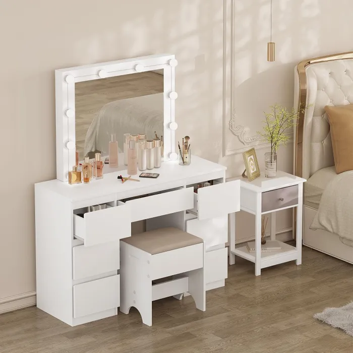 Coiffeuse Avec Miroir LEDtabouret,luminosité Réglable,table De Maquillage,110x39,5x140,5cm,blanc Coiffeuse