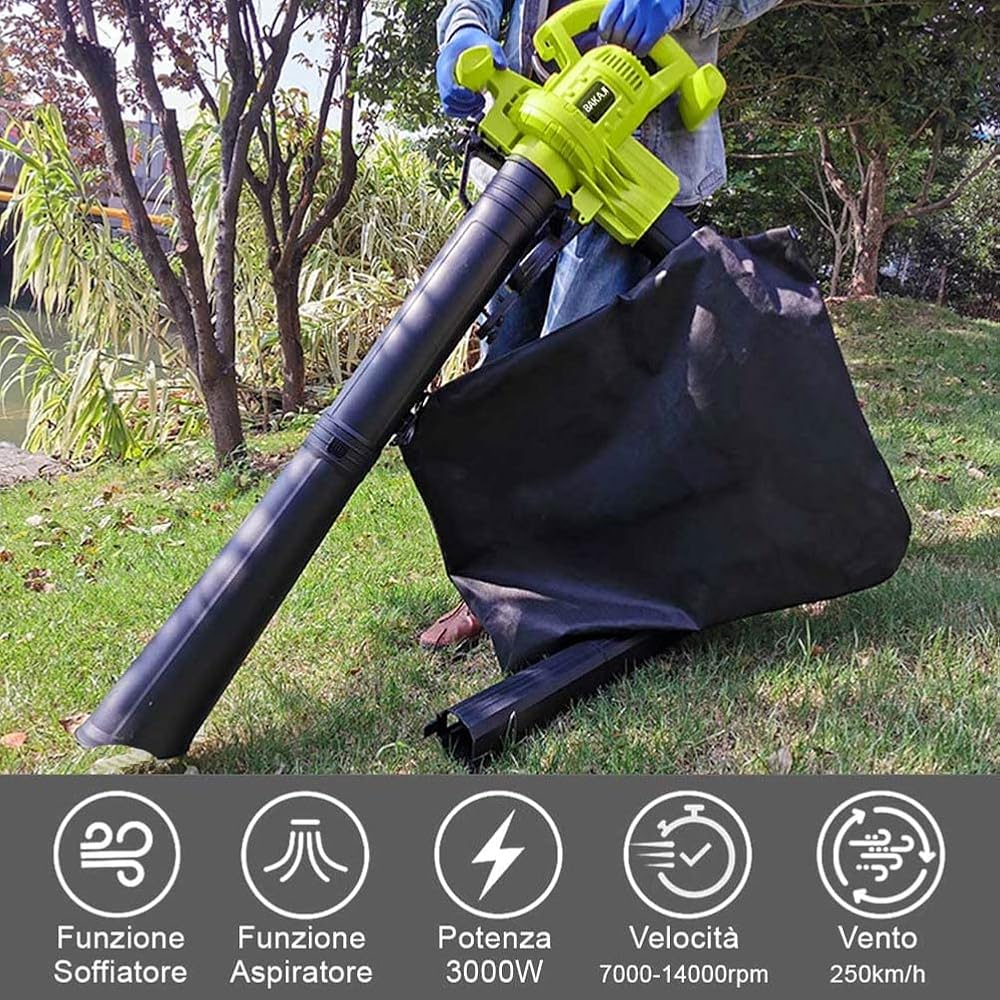 BAKAJI Extracteur de feuilles électrique de jardin 3 en 1 aspirateur déchiqueteuse et souffleur à feuilles, puissance 3000 W avec réservoir de collecte 40 l et bandoulière pour entretien, avec fil : Jardin