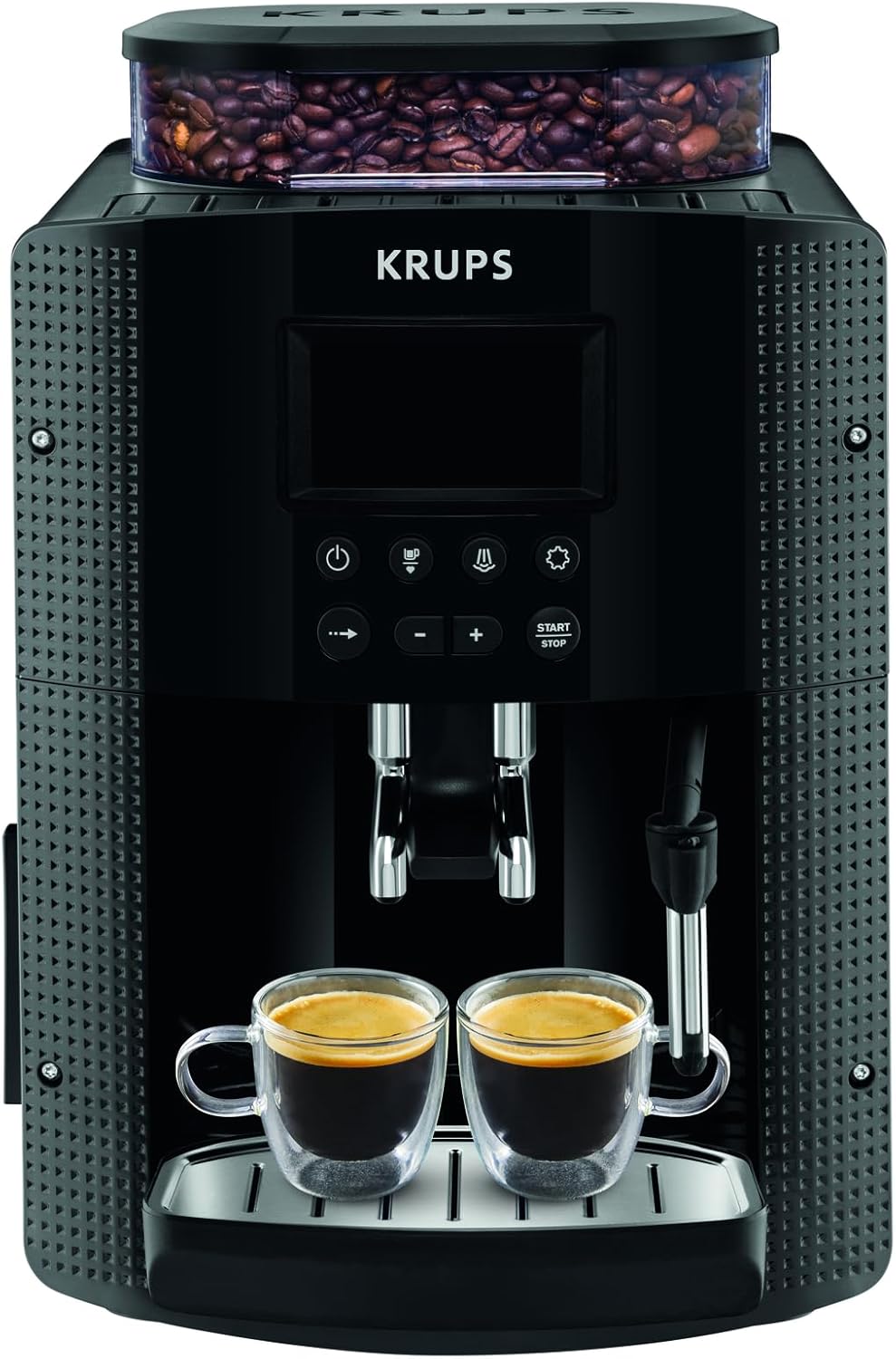 Krups Machine à café grain, 2 expressos simultanés, Ecran LCD, Cafetière espresso compacte, Nettoyage automatique, Buse vapeur pour Cappuccino, Essential noire YY8135FD, Noir