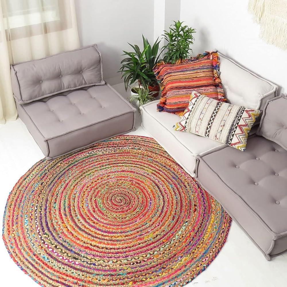 Gifiie Tapis Rond en Jute et Coton tressé à la Main à partir de Tissu Multicolore pour Votre Salon, Salle à Manger, Chambres et Cuisines fabriqué en Inde. (Multicolore, 150CM) : Cuisine et Maison