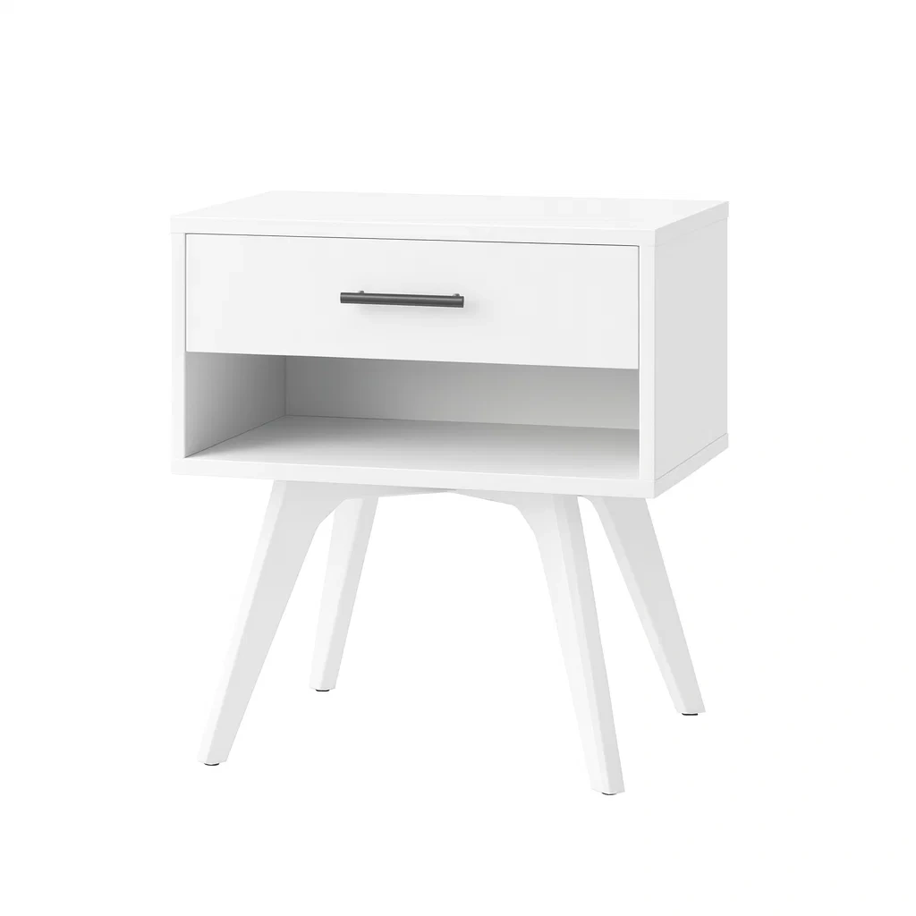 Table de chevet en bois blanc avec tiroir et étagère