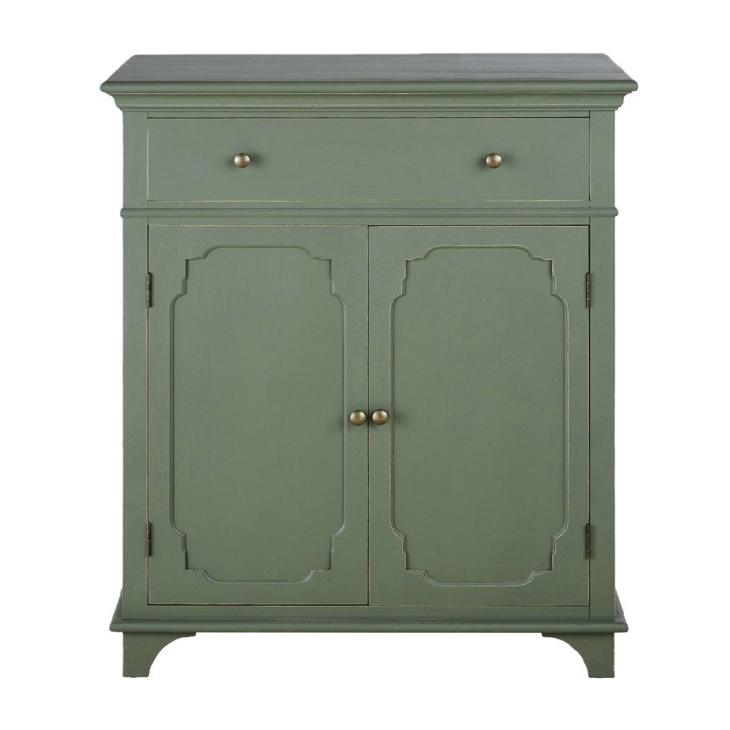 Buffet vintage vert olive avec 2 portes et 1 tiroir — style classique français / campagne chic