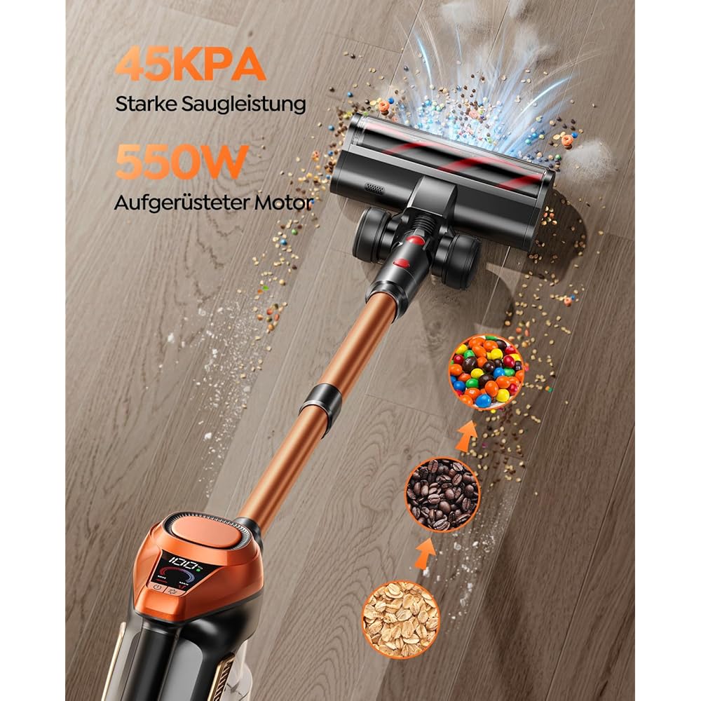 Aspirateur Balai sans Fil, 550W/45Kpa/60 Mins, Aspirateur sans Fil avec Affichage LED, Anti-Enchevêtrement, Brosse pour Canapé, 1,5L, Adapté pour Tapis, Sols Durs et Poils d'animaux : Cuisine et Maison