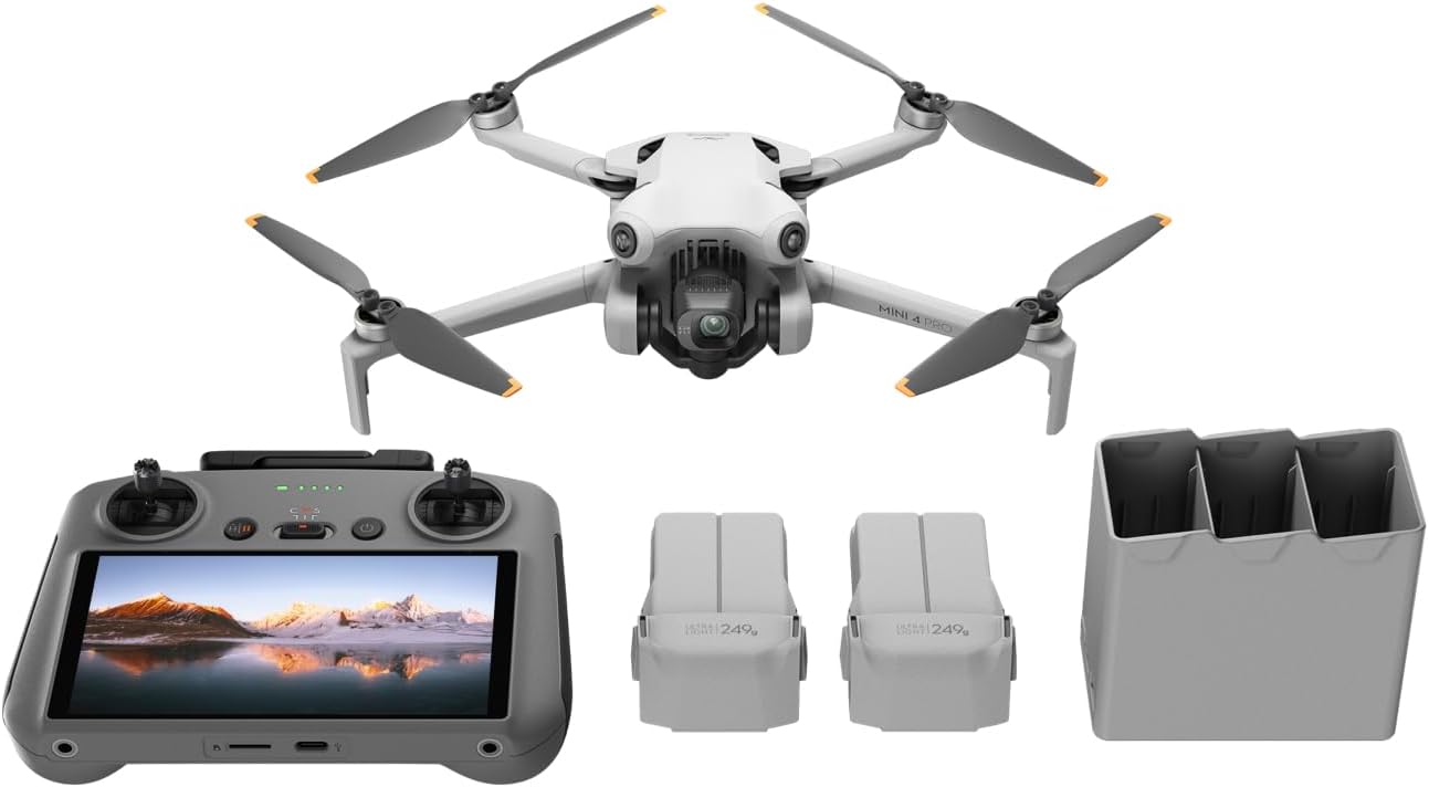 DJI Bundle avec Mini 4 Pro Fly More avec RC 2 (Radiocommande avec Écran), Mini Drone Pliable avec Caméra 4K, Moins de 0,549 lb/249 g, Temps de Vol de 34 min, 2 Batteries Supplémentaires, C0