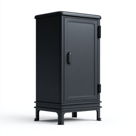 Armoire en métal noir avec porte et pieds sur base
