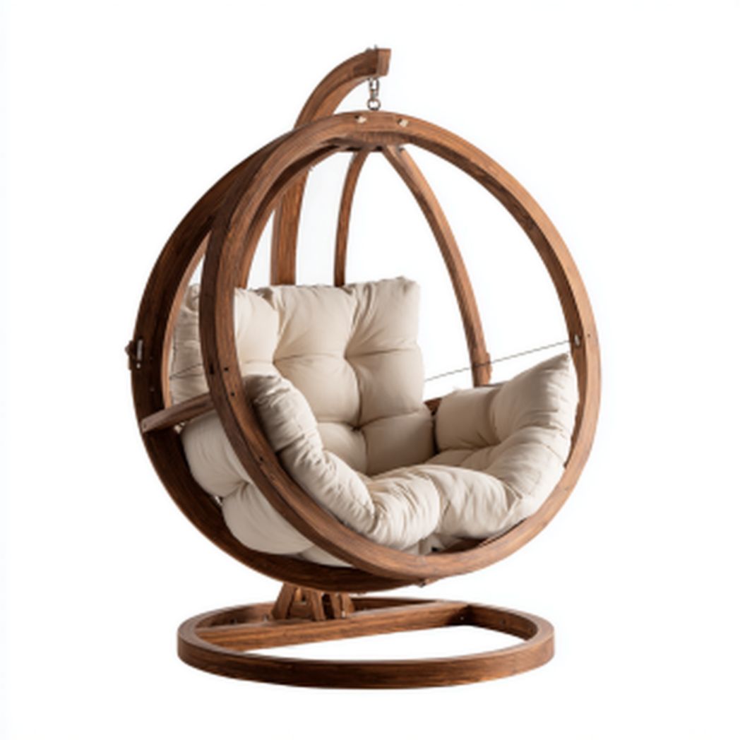 Fauteuil suspendu circulaire en bois avec coussin blanc