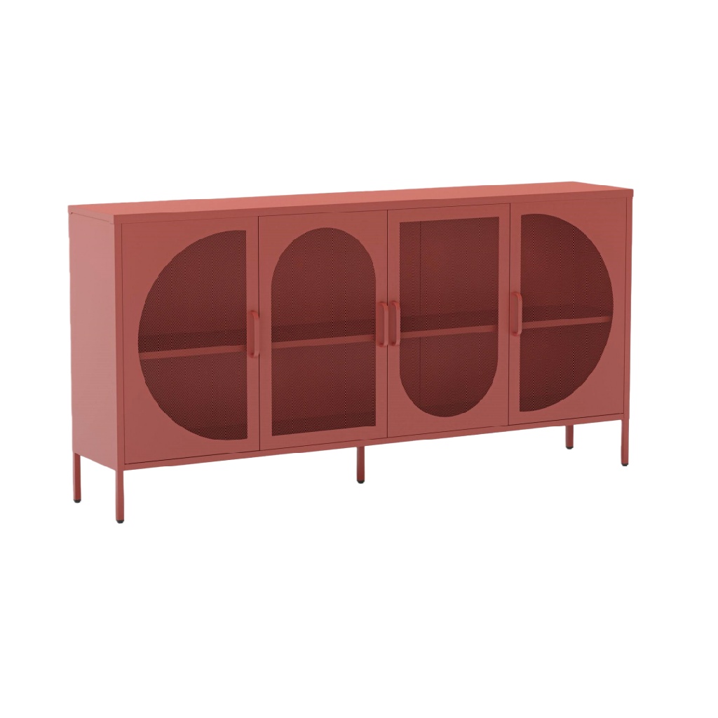Buffet moderne rouge cuivre — métal perforé design — 4 portes — style industriel chic / contemporain — meuble de rangement
