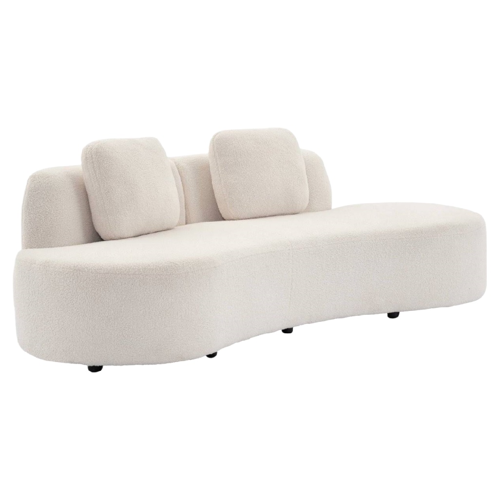 Canapé design 3 places en tissu bouclette blanc cassé – forme courbée organique, style contemporain, assise moelleuse et coussins inclus