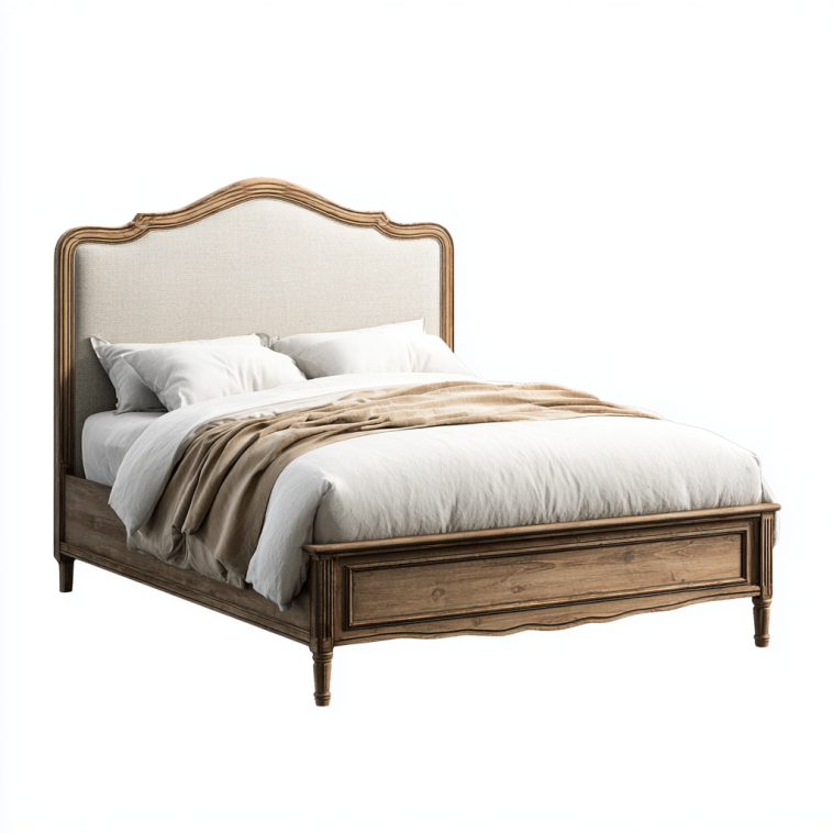 Lit double en bois massif style campagne française avec tête de lit rembourrée