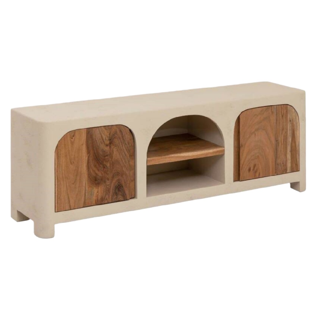 Meuble TV en bois et béton clair – design arches vintage
