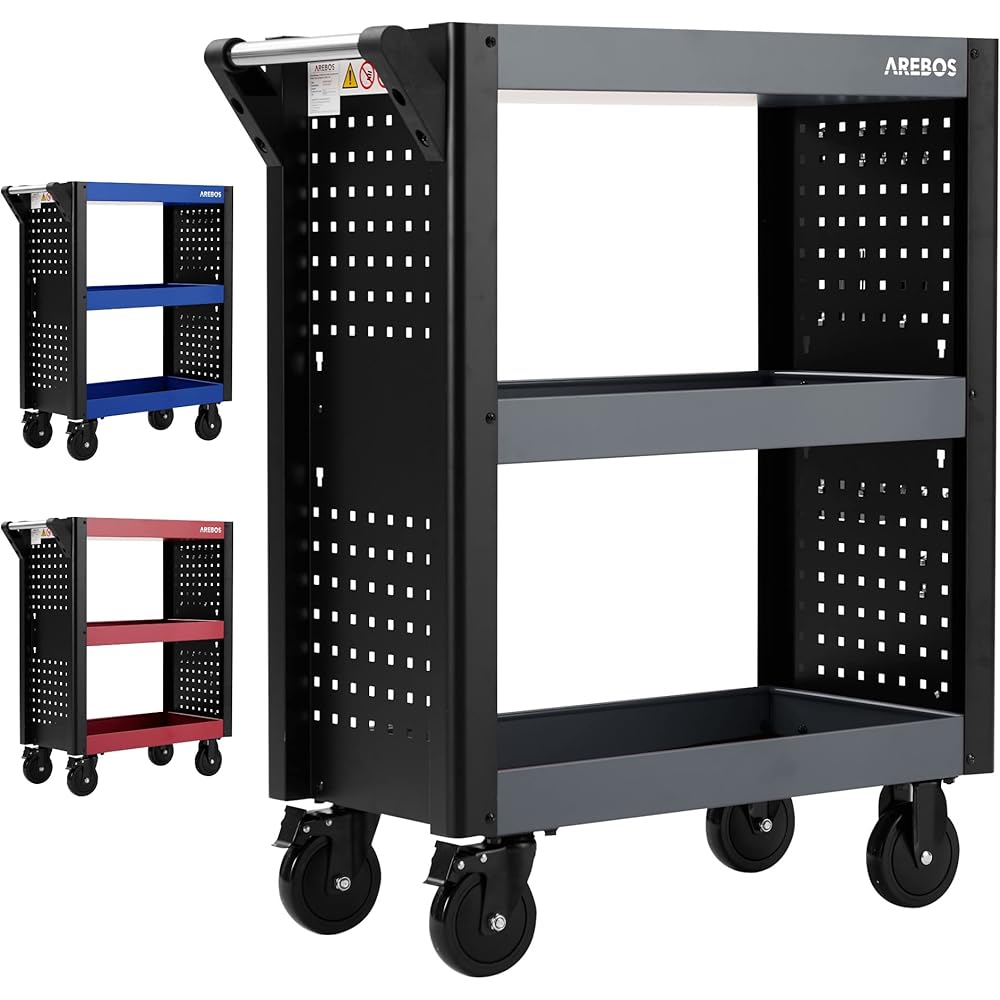 Arebos Chariot de Service 3 Compartiments | Chariot d'atelier | Chariot à Outils | Chariot pour Le Transport et Le Stockage | Chariot à Plateaux Multifonctions | 3 Plateaux : Commerce, Industrie et Science